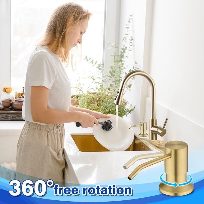 Gold Soap Dispenser for Kitchen Sink, WEWE Brushed Gold Soap Dispenser - Image 3