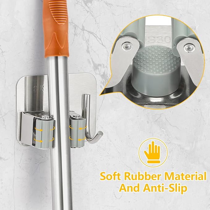 Stainless Steel Broom Holder, Self-Adhesive, 4 Gripper Positions, 4 Hooks - Image 3