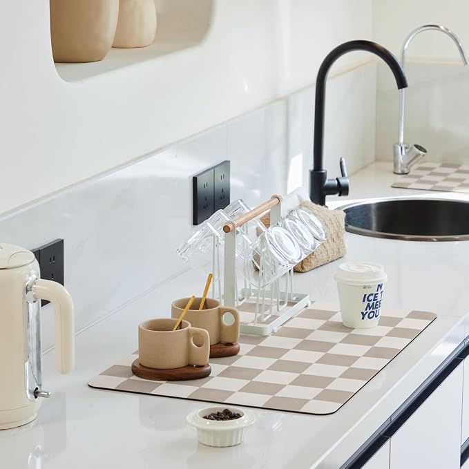 Checkered Dish Drying Mat for Kitchen Counter, Coffee Bar Station Accessories by Ohocut