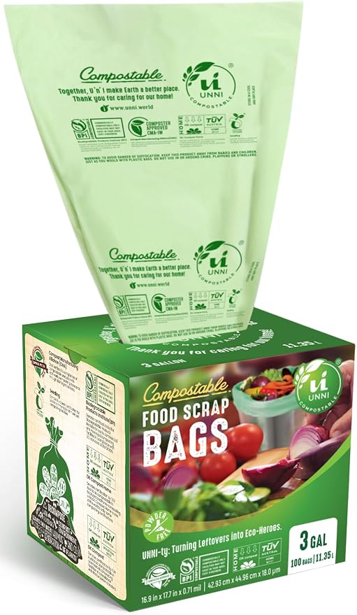 UNNI Compostable Trash Bags, 3 Gallon / 11.35 Liter, Extra Thick 0.71 Mil by UNNI
