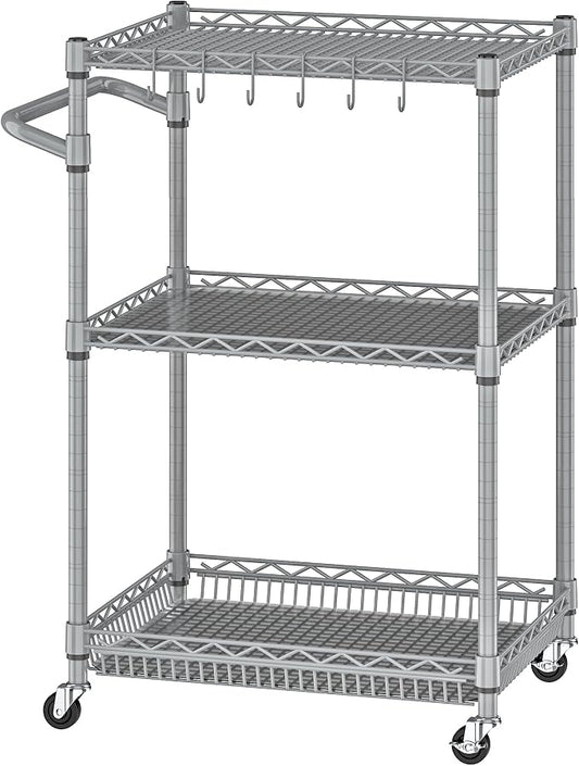 Metal Carts with Wheels, 3 Tier Rolling Utility Carts with Storage, Steel Wire by Alexayhome
