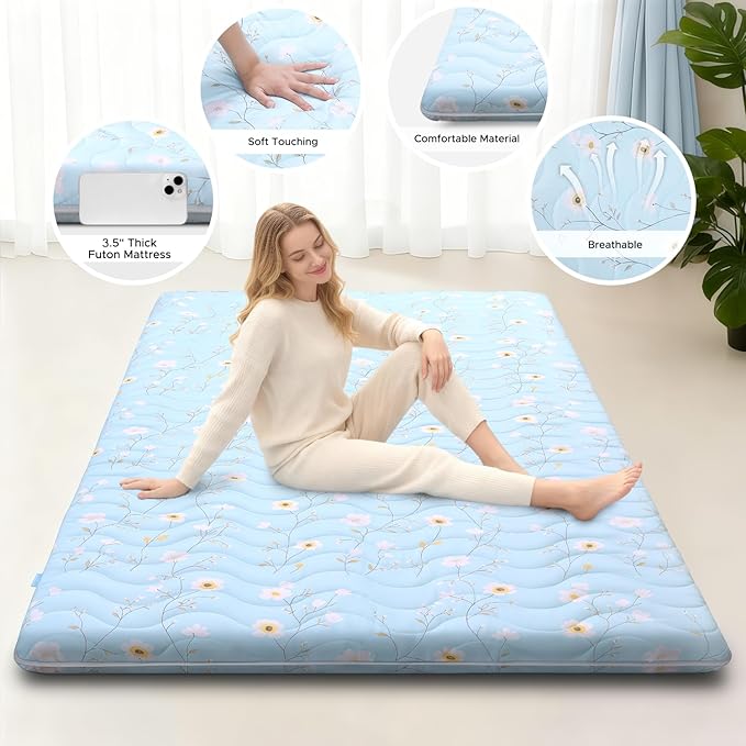 Japanese Floor Mattress, 3.5" Thicken Floral Pattern Portable Futon Mattress, 100% High-Density Foam Tatami Mat Sleeping Pad for Camping Guest Room Dormitory RV, Light Blue, Twin
