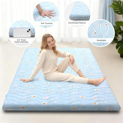 Japanese Floor Mattress, 3.5" Thicken Floral Pattern Portable Futon Mattress, 100% High-Density Foam Tatami Mat Sleeping Pad for Camping Guest Room Dormitory RV, Light Blue, Twin