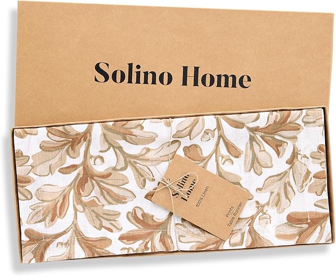 Solino Home 100% Pure Linen Fall Table Runner 72 Inches Long - Floral Print Table Runner 14 x 72 Inch for Autumn - Handcrafted and Machine Washable - Fallen Leaves Print
