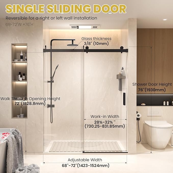 Shower Door 68–72 in W x 76 in H, Matte Black, 3/8" Tempered Glass Panel - Image 7