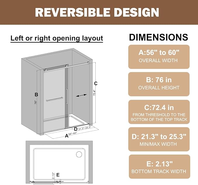 Frameless Sliding Shower Door 56–60" W x 76" H, 5/16" Tempered Glass - Image 2