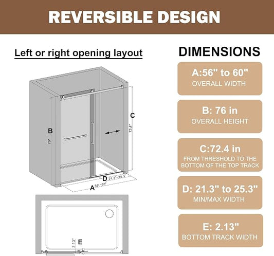 Frameless Sliding Shower Door 56–60" W x 76" H, 5/16" Tempered Glass - Image 2