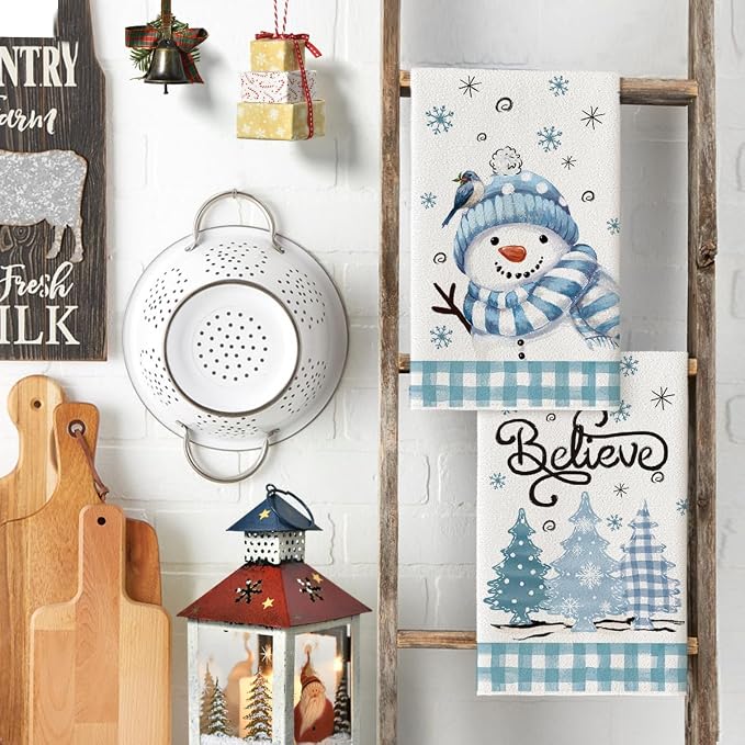 Artoid Mode Beige Blue Xmas Tree Snowman Christmas Kitchen Towels Dish Towels - Image 3