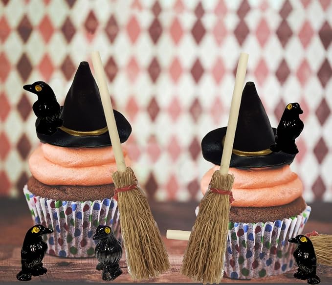 36 Pcs Mini Witch Hats Small Straw Brooms and Miniature Resin Crows Tiny Witch - Image 3