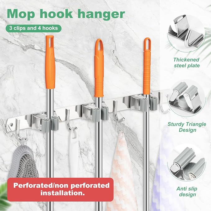 2 Pack Broom Holder Wall Mount 3 Racks 4 Hooks Stainless Steel Broom Mop Holder - Image 8