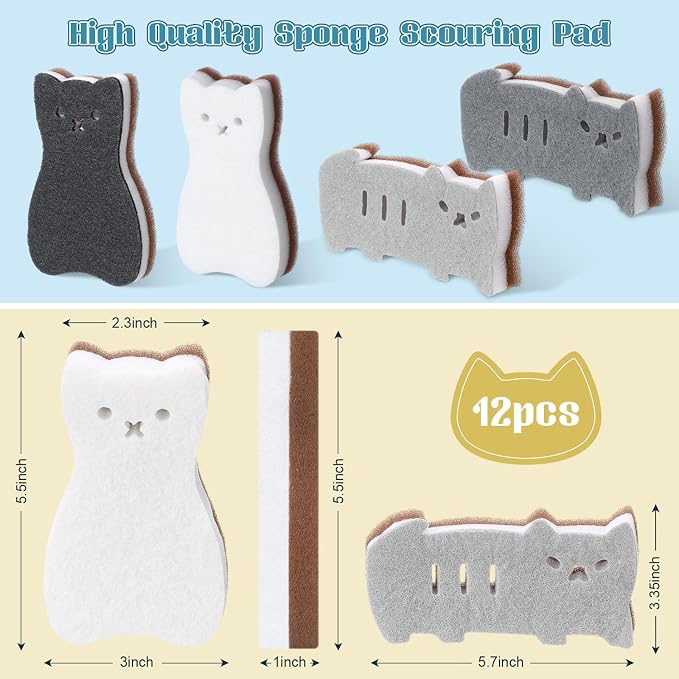 12 Pcs Cat Kitchen Sponges for Dishes Double Sided Cleaning Dish Scrub Sponge - Image 2