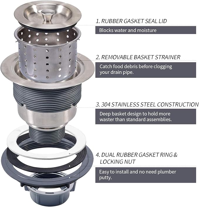 3-1/2 Inch Sink Drain Assembly Kit, Removable Deep Sink Strainer Basket - Image 5