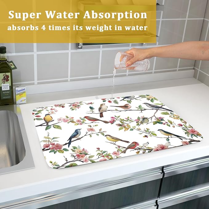 Spring Dish Drying Mat for Kitchen Counter Cute Birds Summer Holiday Microfiber - Image 7