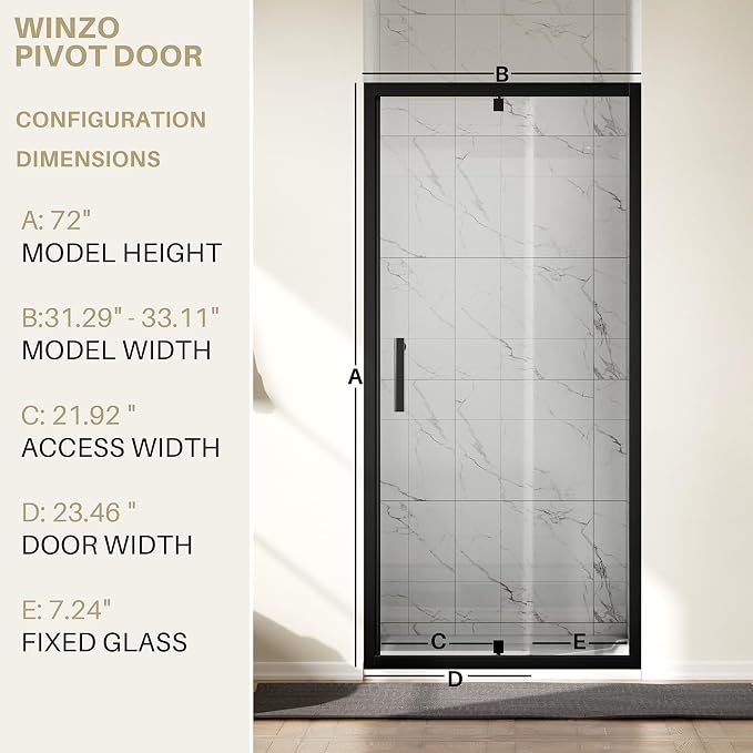 WinZo 31-32" W ×72" H Small Pivot Shower Door - Image 2