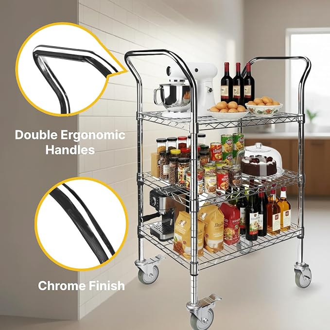 Northsky 3-Shelf Wire Utility Cart on Wheels, Chrome Finish Rolling Metal - Image 4