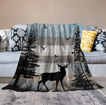 Rustic Deer Throw Blanket, Retro Cabin Farmhouse Country Lodge Blue Brown Wooden Board Wild Forest Animals Deer Bird Print Warm Cozy Blanket for Bed Couch Sofa Travel, 30"x40"