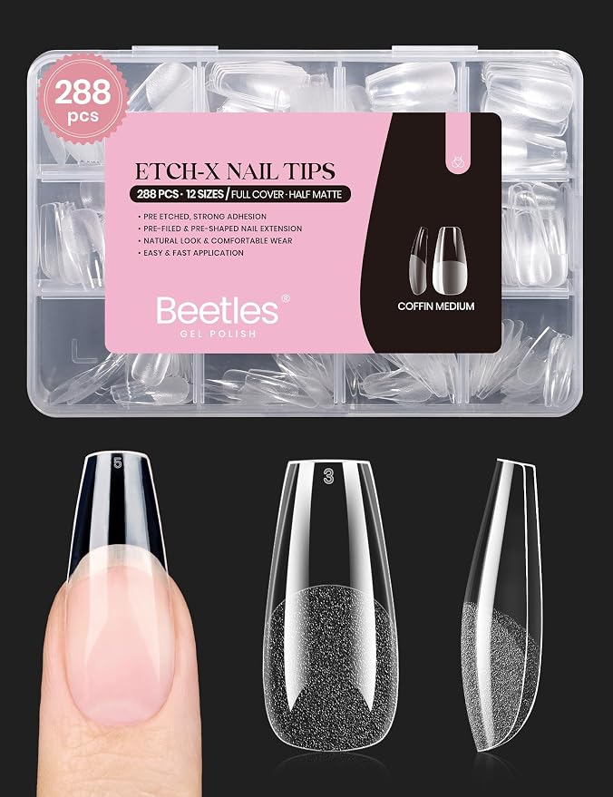Beetles Gel Nail Tips Medium Coffin Etch X, 12 Sizes 288Pcs Pre Shaped Half by beetlesGelPolish