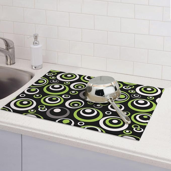 Green Black Gray Geometric Circle Dish Drying Mat - Image 2