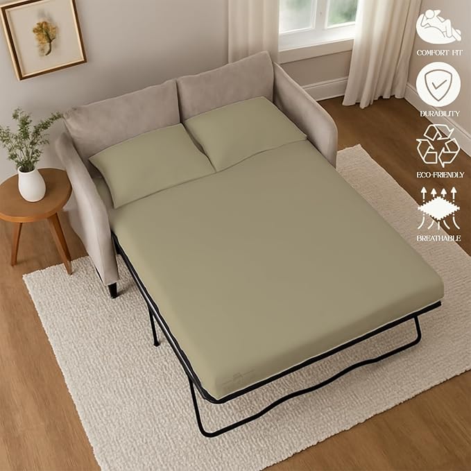 Sleeper Sofa 4 Piece Bed Sheet Set Premium Quality 100% Cotton 500 Thread Count, Smooth & Super Soft Sateen Weave, Extra Soft Bed Sheets, Wrinkle Free, 6 Inch Deep Pocket (Full, Beige)