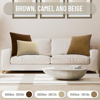 Set of 2 Decorative Throw Pillow Covers Cushion Cases. Soft Velvet. Contrast Pipping Edge. Filling Not Included. (18x18in, Camel/Beige)