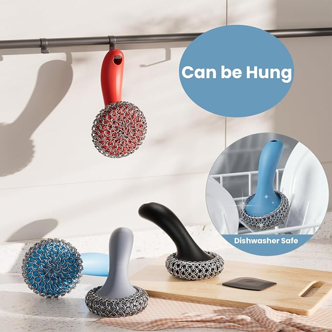Cast Iron Scrubber with Long Handle | 316 Cast Iron Cleaner Chainmail Scrubber - Image 7