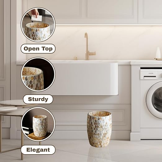 Escenzy Natural Shell Bathroom Trash Can Mosaic Glass 5L | Decorative Small - Image 2