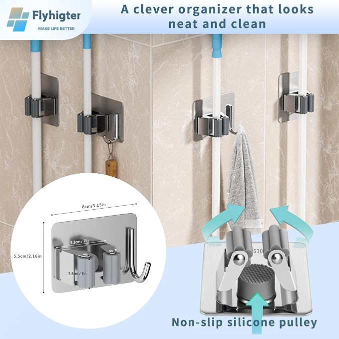 5 Pack Heavy Duty Mop and Broom Holder Wall Mount, No Drill Self Adhesive - Image 4