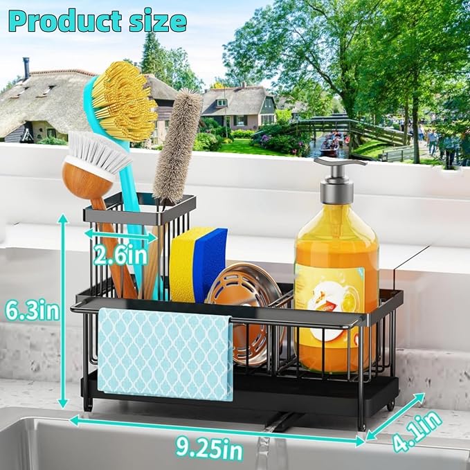 Sink Caddy Sponge Holder with Auto Draining Tray, Space-Saving Soap Dispenser - Image 5
