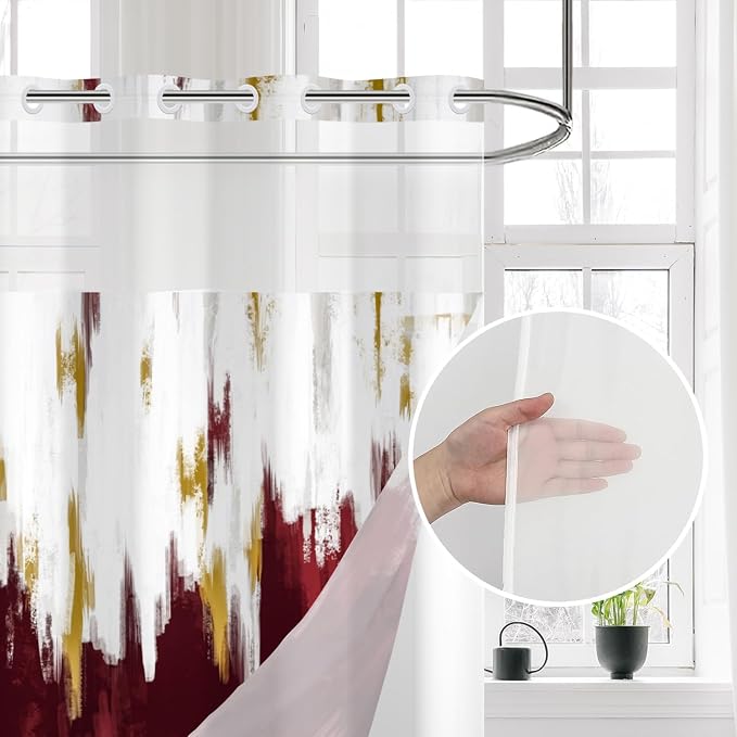 No Hook Shower Curtain with Snap in Liner, Hotel Style Burgundy Red White Gold - Image 3