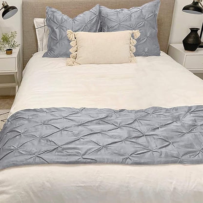 Queen Bed Runner Set - 100% Cotton 800 Thread Count - Luxury Pinch Pleated Bed Runner and 2 Pillow Covers - 3 Piece Set, Light Grey
