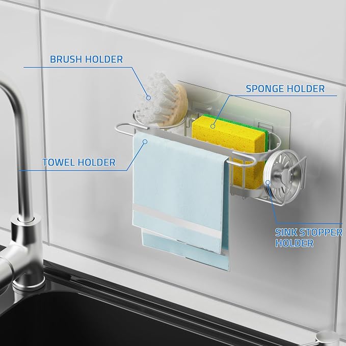 Cisily Grey Kitchen Sink Caddy Sponge Holder in the Sink, Stainless Steel - Image 3