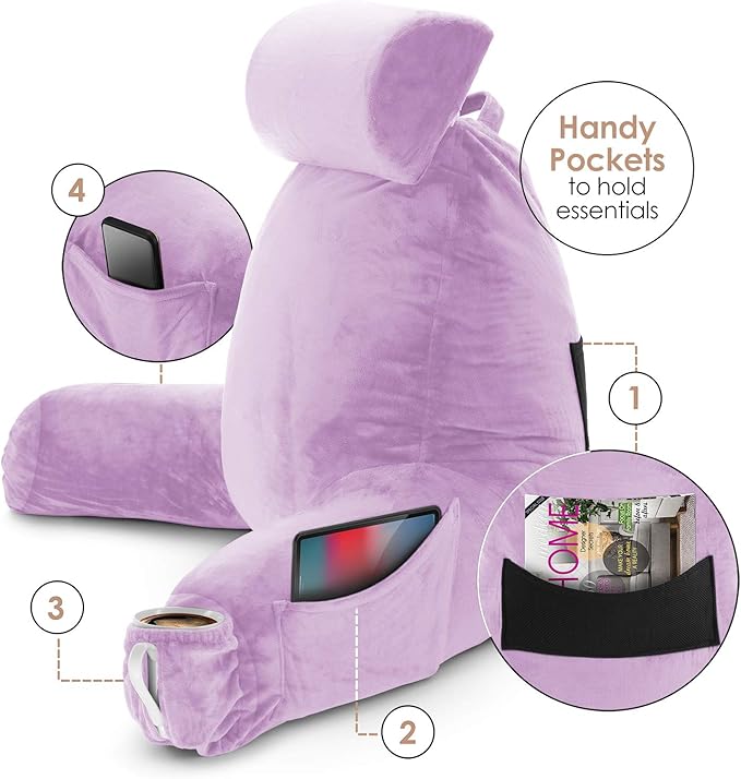 Nestl Reading Pillow with Shredded Memory Foam Includes 2 Neck and Lumber Support Pillows, Designed for Sitting Up in Bed and Couch, Back and Arms Adjustable Support for Adult & Teens, Lavender