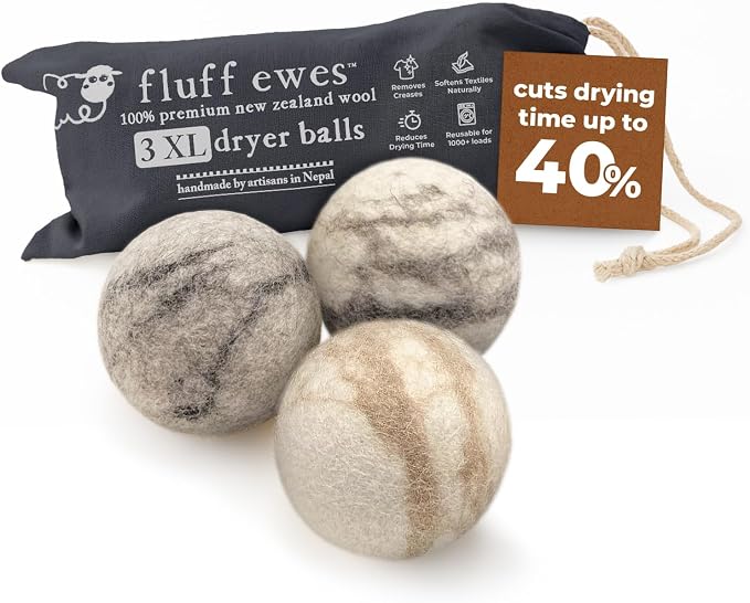 Fluff Ewes Wool Dryer Balls 3 Pack Premium New Zealand Wool Laundry Balls by HustleBlush