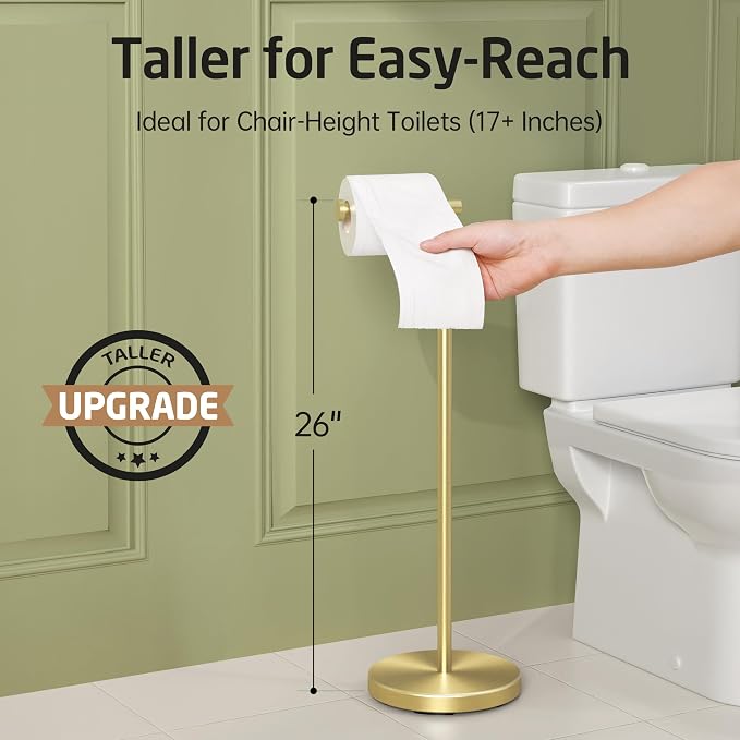 KES Gold Toilet Paper Holder Stand 26" H, Free Standing Toilet Paper Roll Holder - Image 2