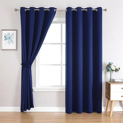 MIUCO 1 Pair Thermal Insulated Grommet 52-Inch-by-84-Inch Blackout Window Curtain Panels with 2 Tie Backs, Navy Blue