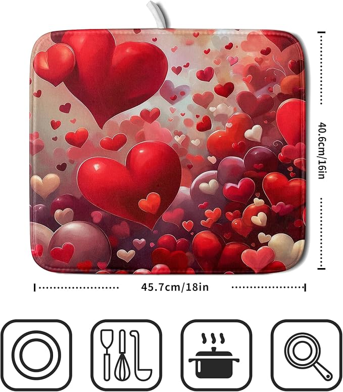 Valentines Day Dish Drying Mat for Kitchen Counter 18x16 Inch Red Heart Drying - Image 4