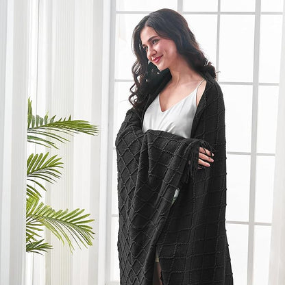 inhand Knitted Throw Blankets for Couch and Bed, Soft Cozy Knit Blanket with Tassel, Black Lightweight Decorative Blankets and Throws, Farmhouse Warm Woven Blanket for Men and Women, 50"x60"