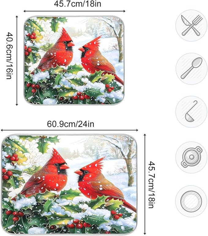 Red Cardinals Holly Bush Christmas Dish Drying Mat - Image 3