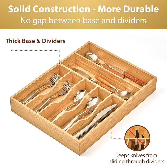 Umilife Bamboo Kitchen Drawer Organizer, 13 Inch Silverware Utensil Tray Holder - Image 4