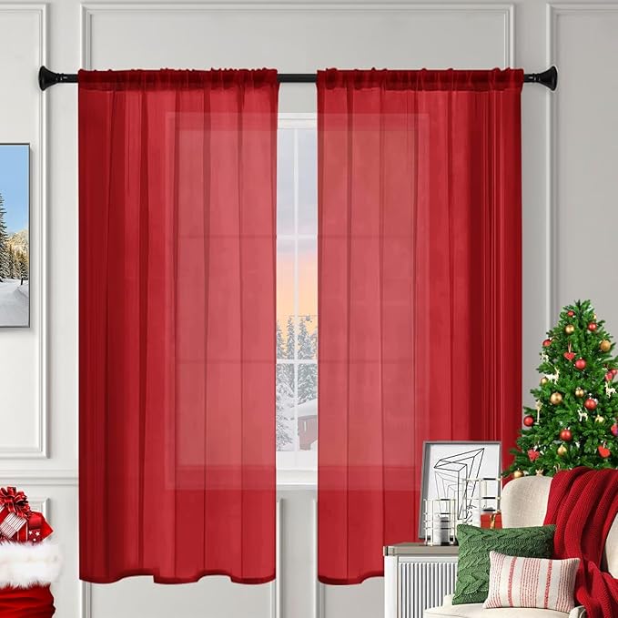 Sheer Curtains 72 Inches Long 2 Panels, Rod Pocket Short Curtain for Kitchen, Bedroom, Cafe Window(Christmas Red 38" W x 72" L)