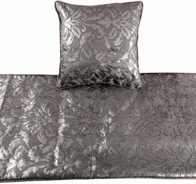 The HomeCentric Silver Bed Runner, CA King Size 86"x18" Decorative Bed Runner with 2 Matching Pillow Cover, Silver & Grey Velvet Bed Scarf in Foil Velvet Bead Border - Silver Glitterati