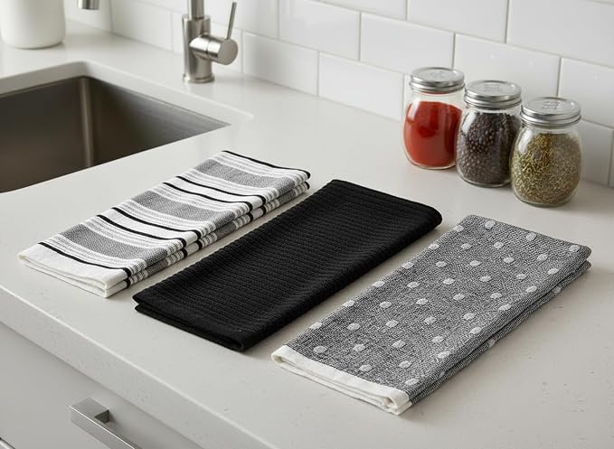 Black White Kitchen Hand Dish Towels: Oversized 28" x 16", 100% Cotton Cloth - Image 2
