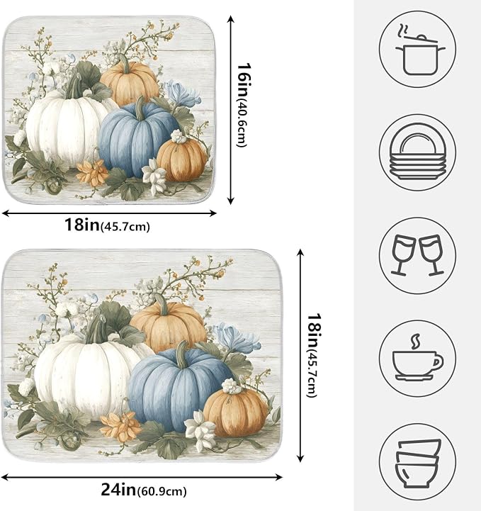 Fall Blue Orange Grey Pumpkin Thanksgiving Dish Drying Mat - Image 2