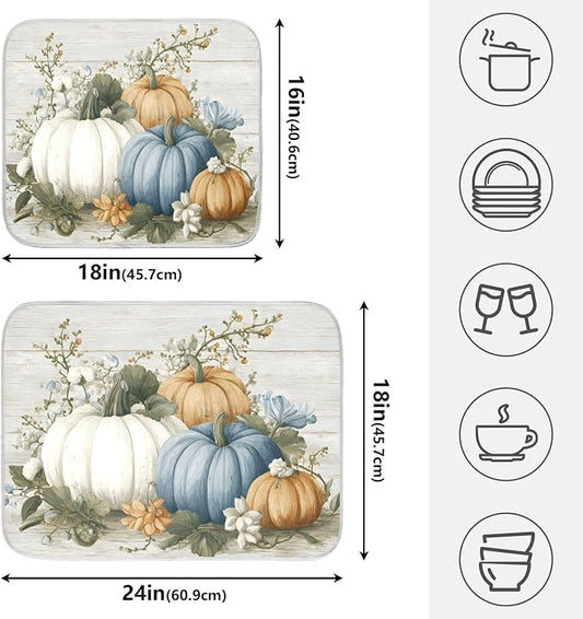 Fall Blue Orange Grey Pumpkin Thanksgiving Dish Drying Mat - Image 2