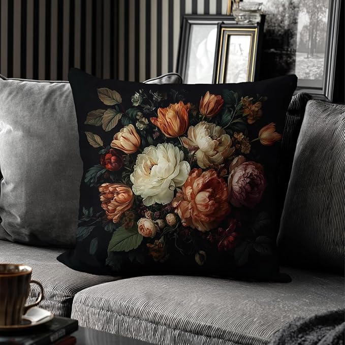 Vintage Floral Throw Pillow Covers, Vintage Flower Pattern Double Sided Cushion Cover, Indoor and Outdoor Home Art Decor Pillowcase for Sofa or Bedroom Decor 18x18inches (Black, 18x18inches)