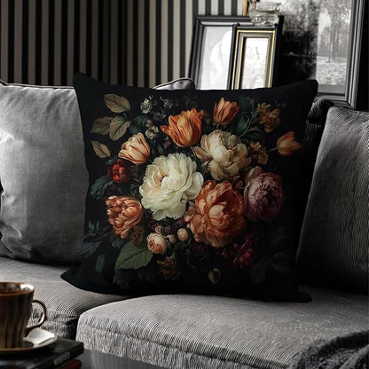 Vintage Floral Throw Pillow Covers, Vintage Flower Pattern Double Sided Cushion Cover, Indoor and Outdoor Home Art Decor Pillowcase for Sofa or Bedroom Decor 18x18inches (Black, 18x18inches)