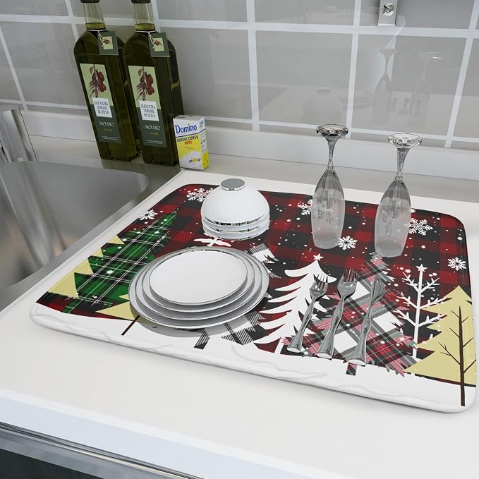 Christmas Dish Drying Mat for Kitchen Counter 16”x18” Christmas Tree Buffalo - Image 6