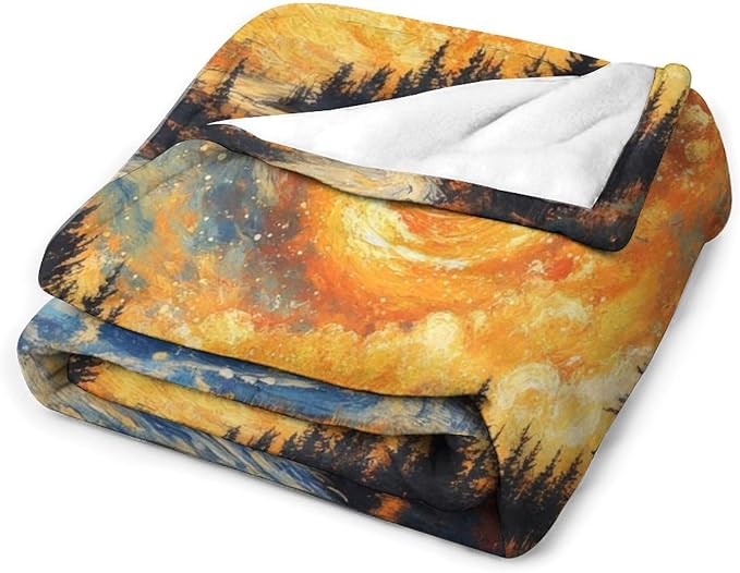 Magic Forest Blanket, Abstract Art Oil Painting Dreamworld River Jungle Sunset Pattern Soft Warm Cozy Plush Flannel Covers for Livingroom Bedroom Couch Chair Camping Travel Home Decor Tapestry 40x50in