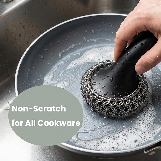 Cast Iron Scrubber with Long Handle | 316 Cast Iron Cleaner Chainmail Scrubber - Image 2