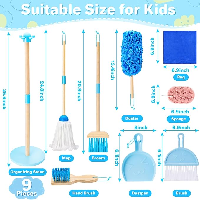 WHOHOLL 9 Pcs Wooden Kids Cleaning Toy Set, Cleaning Toys - Image 3